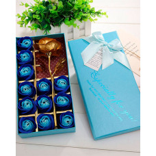 1 Pack Mother's Day Couple Gift Simulated Rose Soap Golden Foil Flower With Box - blue