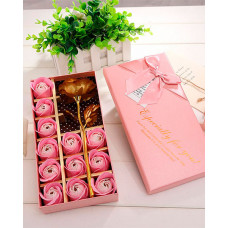 1 Pack Mother's Day Couple Gift Simulated Rose Soap Golden Foil Flower With Box - pink