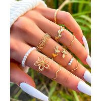 10pcs Bohemian Hollow Out Leaf Floral Stackable Rings Set - gold 10pcs Bohemian Hollow Out Leaf Floral Stackable Rings Set - gold