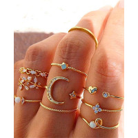 10pcs Hollow Moon Star Leaf Heart Geometric Opening Rings Set - gold