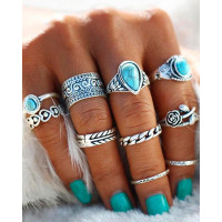 10pcs Retro Geometric Floral Shaped Stackable Turquoise Chain Rings Set - silver