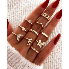 10PCS Snake Butterfly Moon Heart Pattern Rhinestone Decor Rings Set - gold