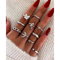 10PCS Snake Butterfly Moon Heart Pattern Rhinestone Decor Rings Set - silver