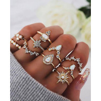 10PCS Waterdrop & Sun Pattern Opan Rhinestone Decor Rings Set - silver