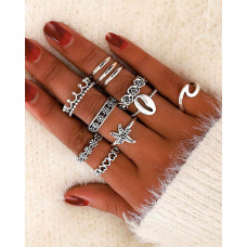 11PCS Heart Star Floral Pattern Rings Set - silver