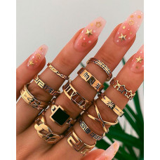 13pcs Star Geo Pattern Punk Rings Set - gold