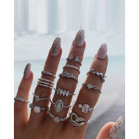 15pcs Rhinestone Decor Geometric Pattern Boho Rings Set - silver