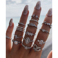 15pcs Stackable Rhinestone Leaf Heart Geometric Opening Rings Set - silver