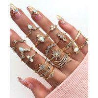 17PCS/Set Rhinestone Beaded Decor Geo Pattern Boho Ring - gold