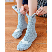 1Pair Bear Ears Heart Pattern Fuzzy Thermal Socks - gray