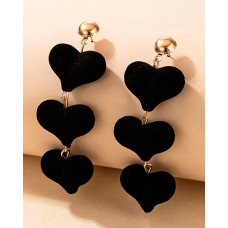 1Pair Black Love Velvet Layered Heart Dangle Earrings - black