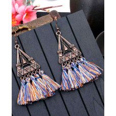 1Pair Bohemian Ethnic Style Tribal Triangle Tassel Design Hook Earrings - blue