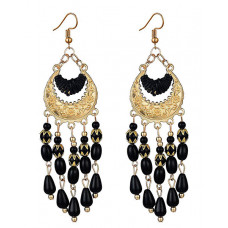 1Pair Bohemian Floral Embossed Beaded Tassel Hook Earrings - black