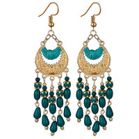 1Pair Bohemian Floral Embossed Beaded Tassel Hook Earrings - blue