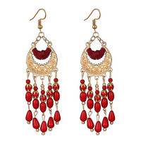 1Pair Bohemian Floral Embossed Beaded Tassel Hook Earrings - red