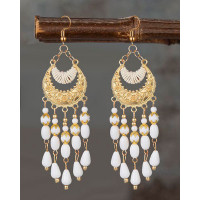 1Pair Bohemian Floral Embossed Beaded Tassel Hook Earrings - white