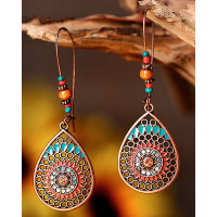 1Pair Bohemian Hollow Out Beaded Tear Drop Earrings - Wine red