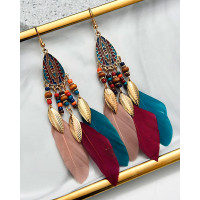 1Pair Bohemian Hollow Out Geometric Feather Drop Earrings - style1