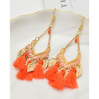 1Pair Bohemian Leaf Tassel Design Waterdrop Hook Earrings - red