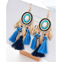 1Pair Bohemian Vintage Leaf Tassel Design Hook Earrings - blue