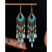 1Pair Bohemian Waterdrop Beaded Tassel Design Hook Earrings - blue