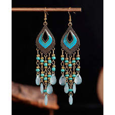 1Pair Bohemian Waterdrop Beaded Tassel Design Hook Earrings - blue