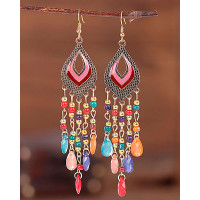 1Pair Bohemian Waterdrop Beaded Tassel Design Hook Earrings - pink