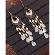 1Pair Bohemian Waterdrop Beaded Tassel Design Hook Earrings - white