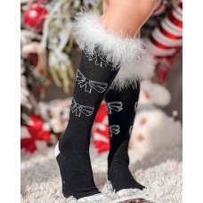 1Pair Bowknot Decor Feather Detail Socks - black