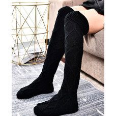 1Pair Braided Bowknot Decor Skinny Long Socks - black