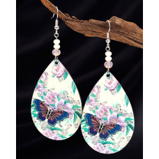 1Pair Butterfly Floral Print Water Drop Hook Earrings - white