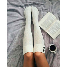 1Pair Button Design Knit Long Socks - white