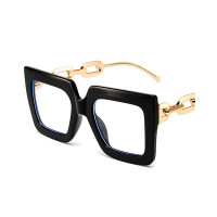 1Pair Chain Clear Lens Big Square Frame Glasses - black