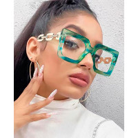 1Pair Chain Clear Lens Big Square Frame Glasses - green