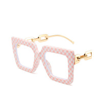 1Pair Chain Clear Lens Big Square Frame Glasses - pink