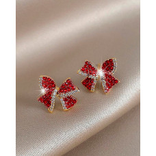 1Pair Christmas Rhinestone Bowknot Shaped Earrings - red