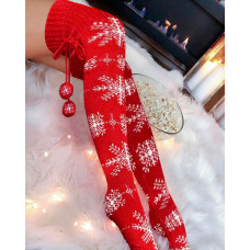 1Pair Christmas Snowflake Pom Pom Knee Length Socks - red