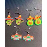 1Pair Cinco De Mayo Mexico Cartoon Horse Hat Skull Wine Bottle Cactus Jalapeno Earrings - style1