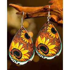 1Pair Clan Sunflower Pattern Hoop Earrings - yellow