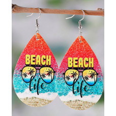 1Pair Coconut Tree Landscape Beach Print Waterdrop Earrings - Multicolor