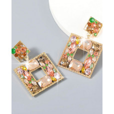 1Pair Colorful Rhinestone Square Shaped Drop Earring - Golden