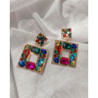1Pair Colorful Rhinestone Square Shaped Drop Earring - green