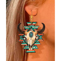 1Pair Cowboy Style Aztec Geometric Steer Skull Leopard Earrings - green