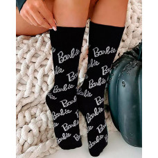 1Pair Cute Barbie Letter Print Crew Socks - black