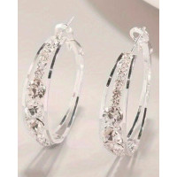 1Pair Exquisite Rhinestone Decor Large Circle Hoop Earrings - silver