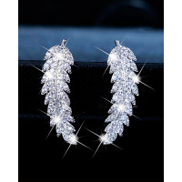 1Pair Full Rhinestone Feather Shaped Earrings - silver