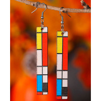 1Pair Geometric Print Wooden Drop Earrings - Multicolor
