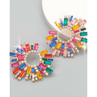 1Pair Geometric Shaped Colorful Rhinestone Earrings - Multicolor