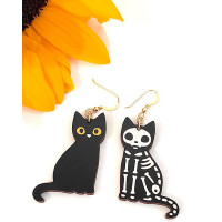 1Pair Halloween Skeleton Cat Wooden Drop Earrings - blackwhite