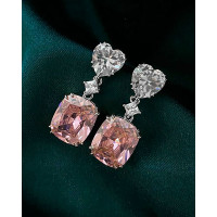 1Pair Heart Pattern Square Pendant Rhinestone Earrings - pink